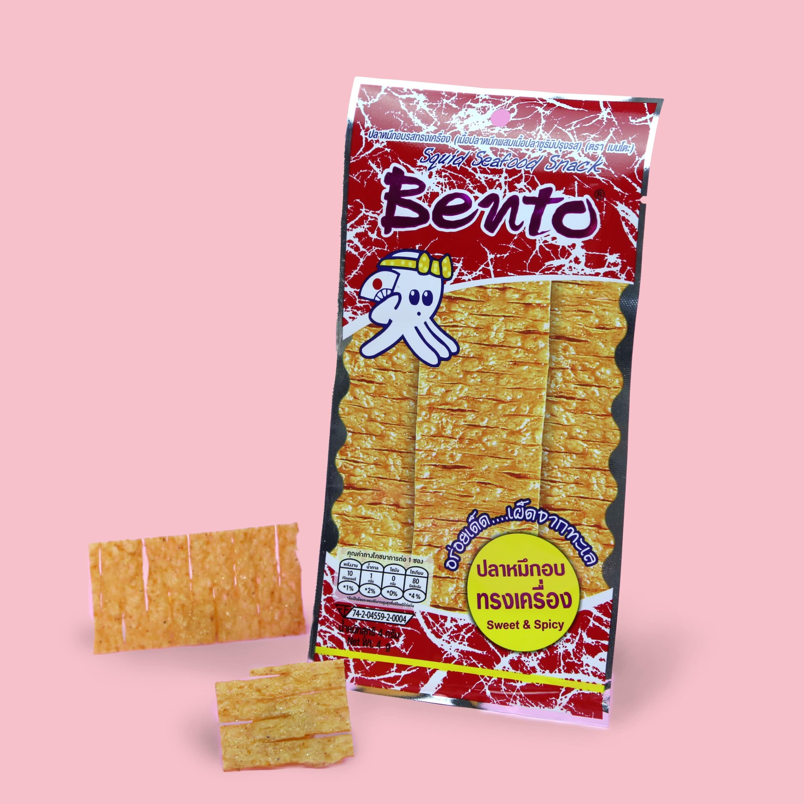 Bento Spicy seafood snack included in Heap Brand authentic Thai snack subscription box. Famous Thai souvenir and must-buy spicy snack