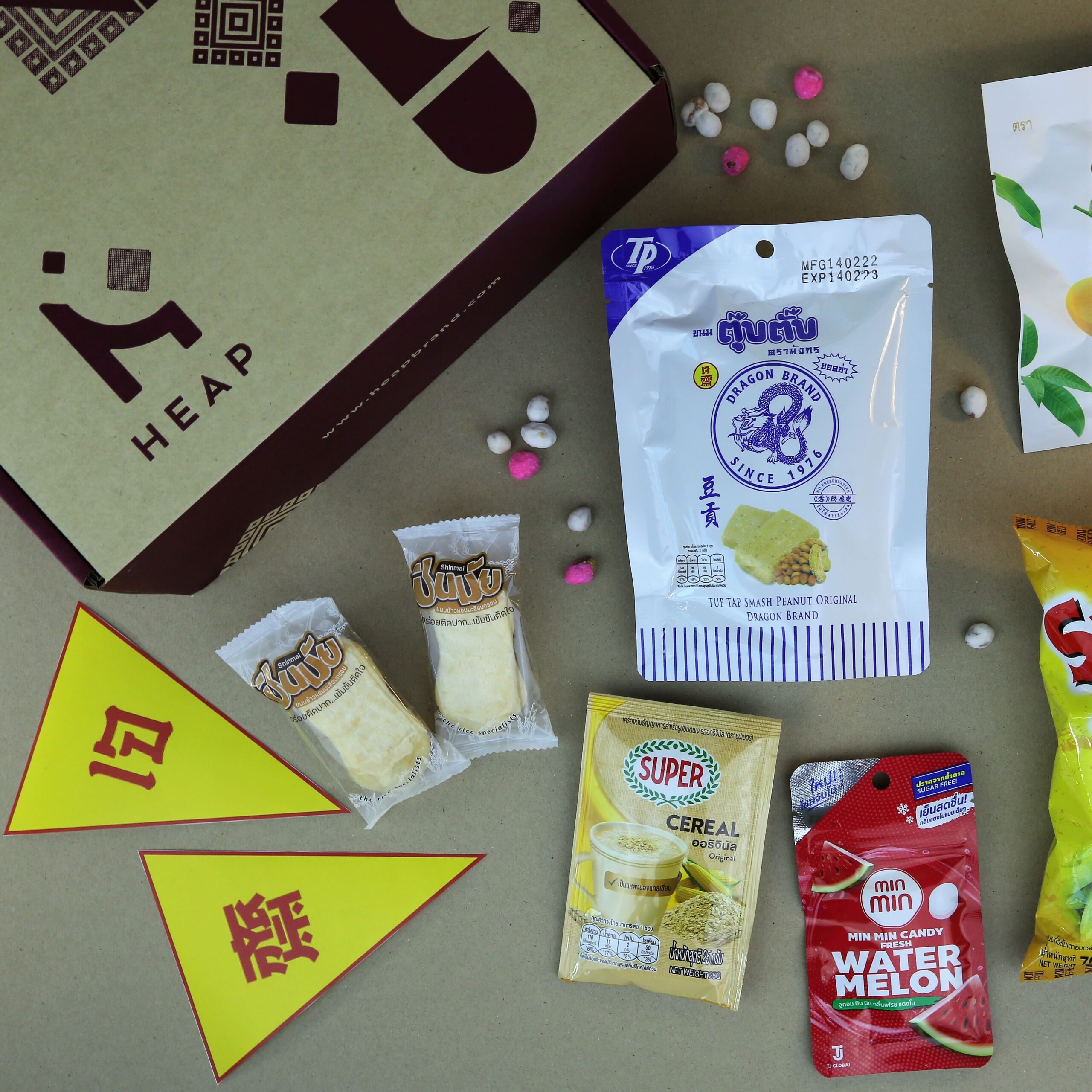 Heap Brand's Thai snack vegan box includes popular vegan snacks shipped from Thailand