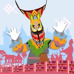 Dancing mask parade from the Phi Ta Khon festival in Thailand graphic vector is a lively event with Thai dancing