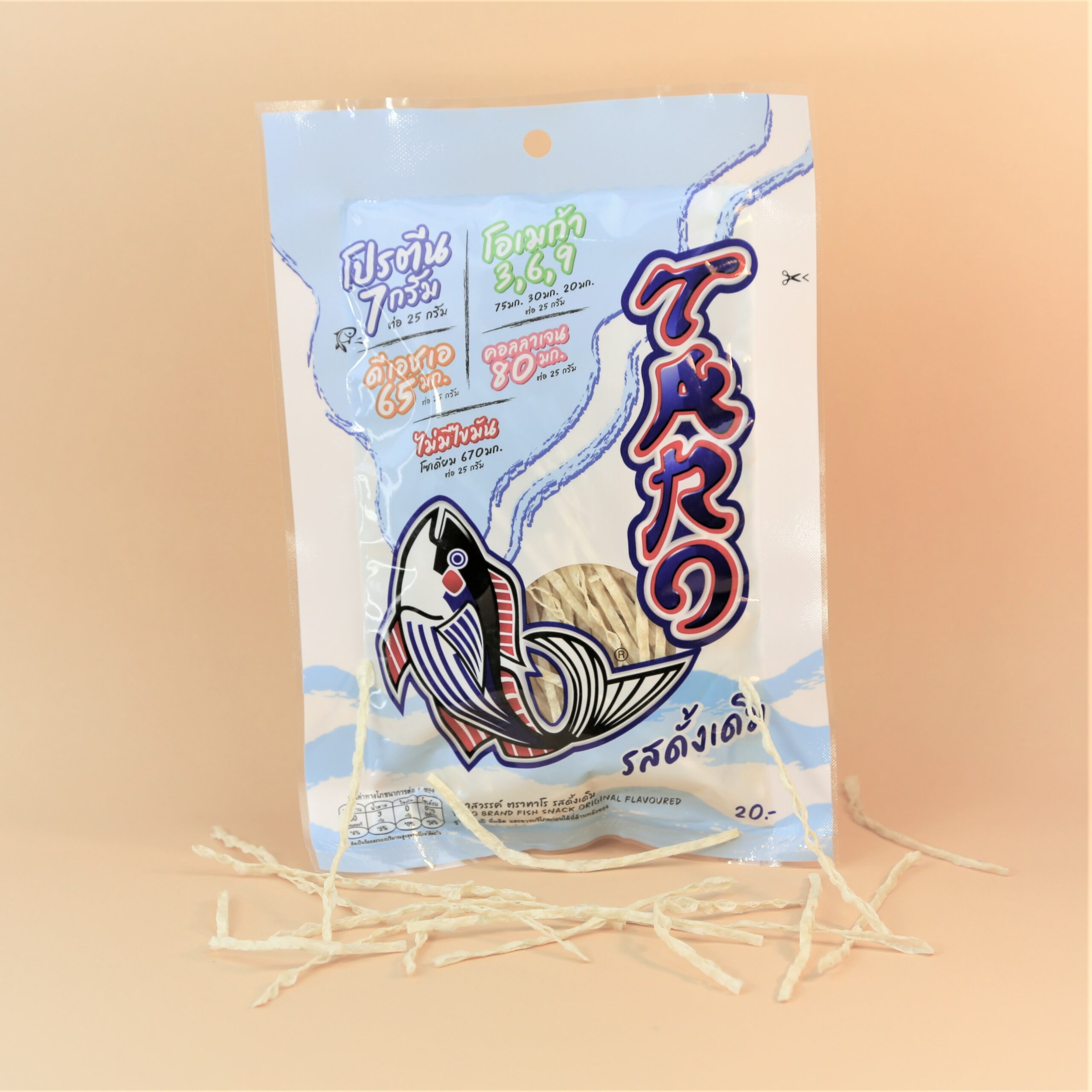Taro Fish snack is Thai people's favorite savory snack. White stripes of fish snack in blue and white packaging