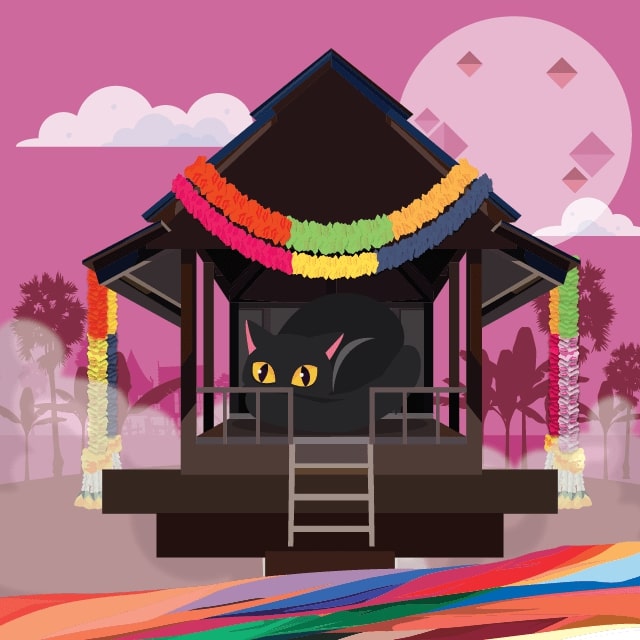 Thai spirit house graphic with a black cat and decorated with colorful flower garlands