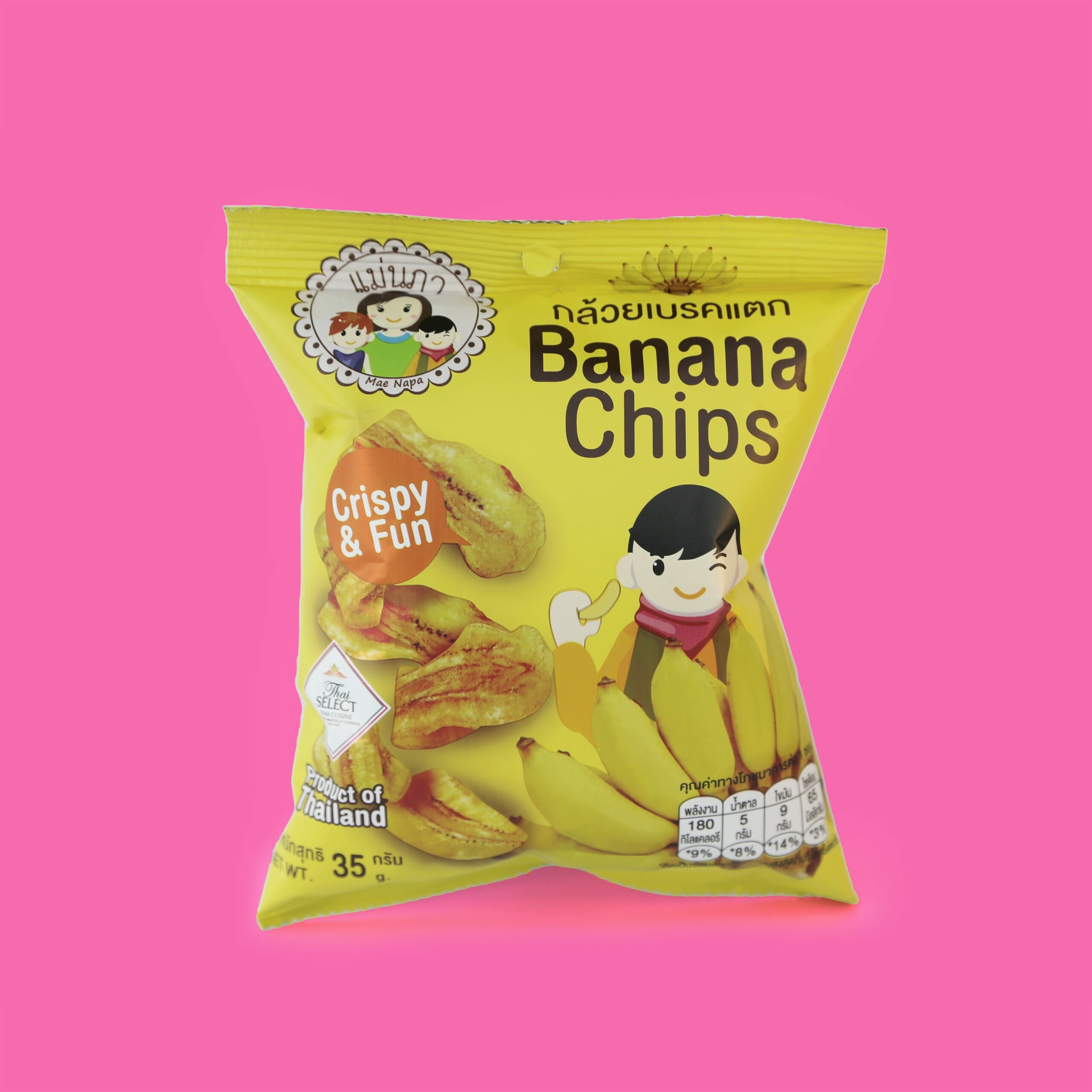 MAe Napa crispy banana chips. OTOP Thai snack from local Thai business. Thai select brand