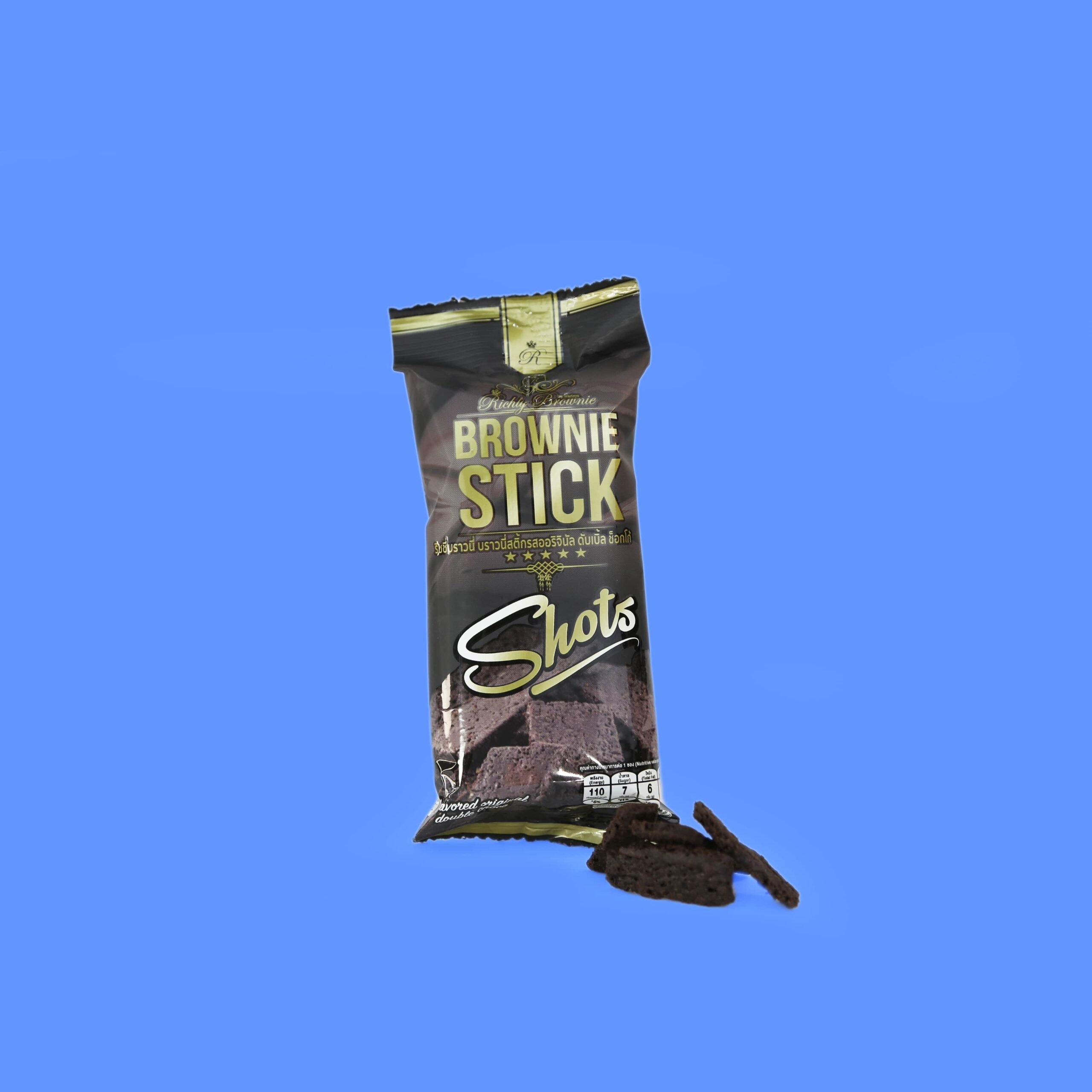 Richly brownie brand brownie stick snack in shots. Small package made in thailand