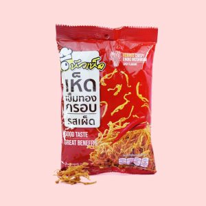 Hua Hed crispy enoki mushroom snack made in Thailand. Spicy flavor