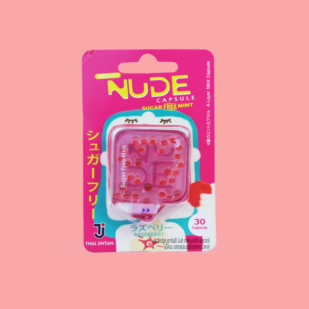 Thai jintan Nude capsule mint candy raspberry flavor. Sugar free and made in Thailand
