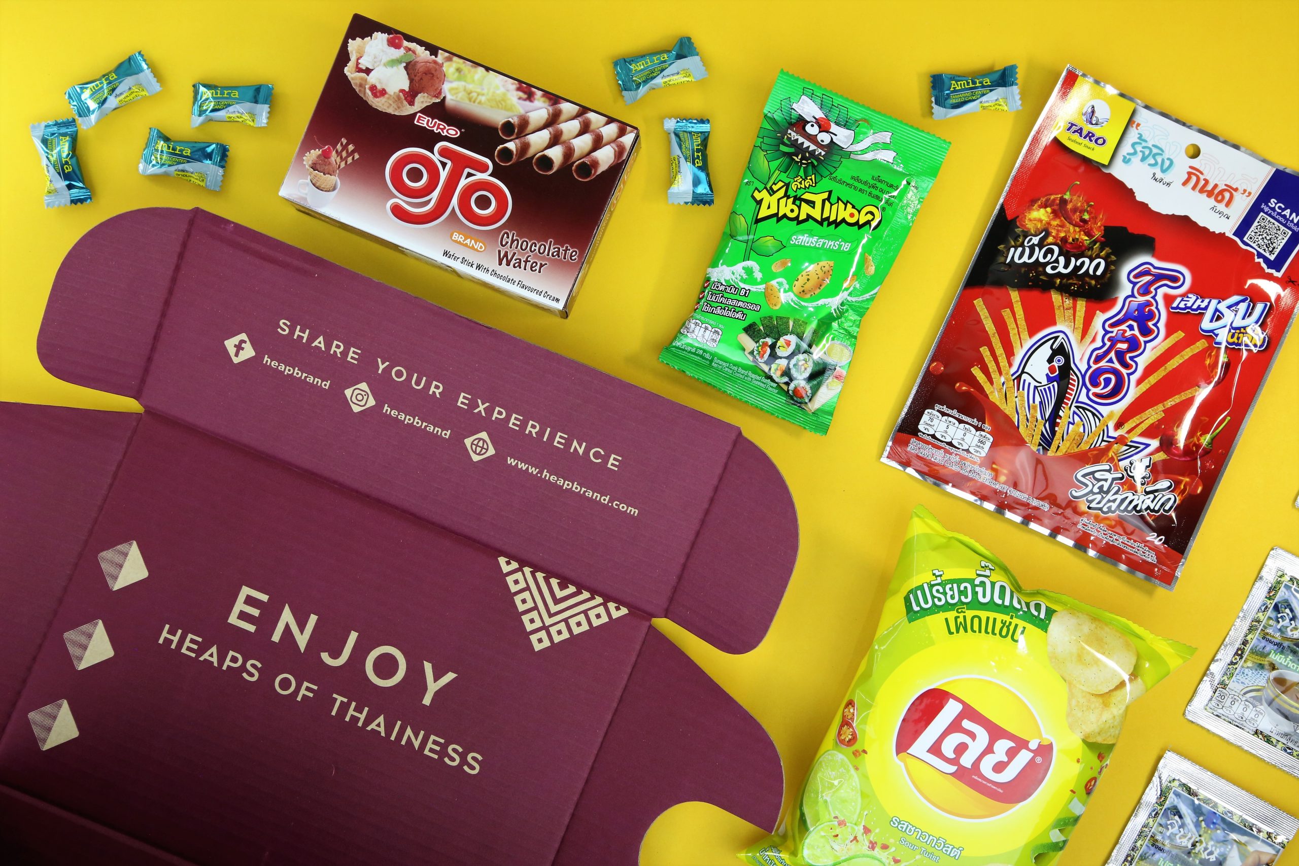 curated Thai snack box gift from Thailand. Includes spicy snack and limited flavor candy