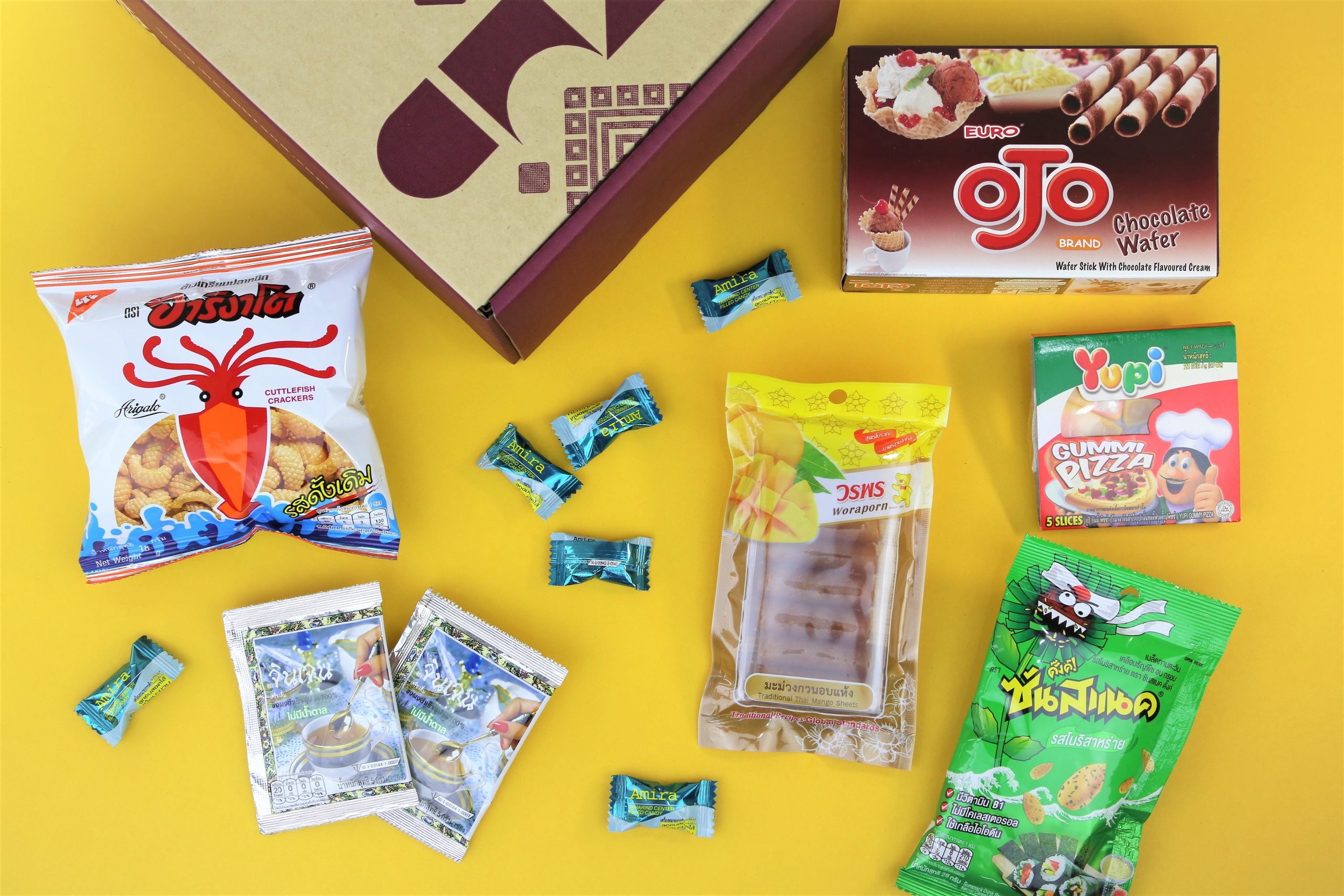Heap Brand box with classic Thai snacks and drink