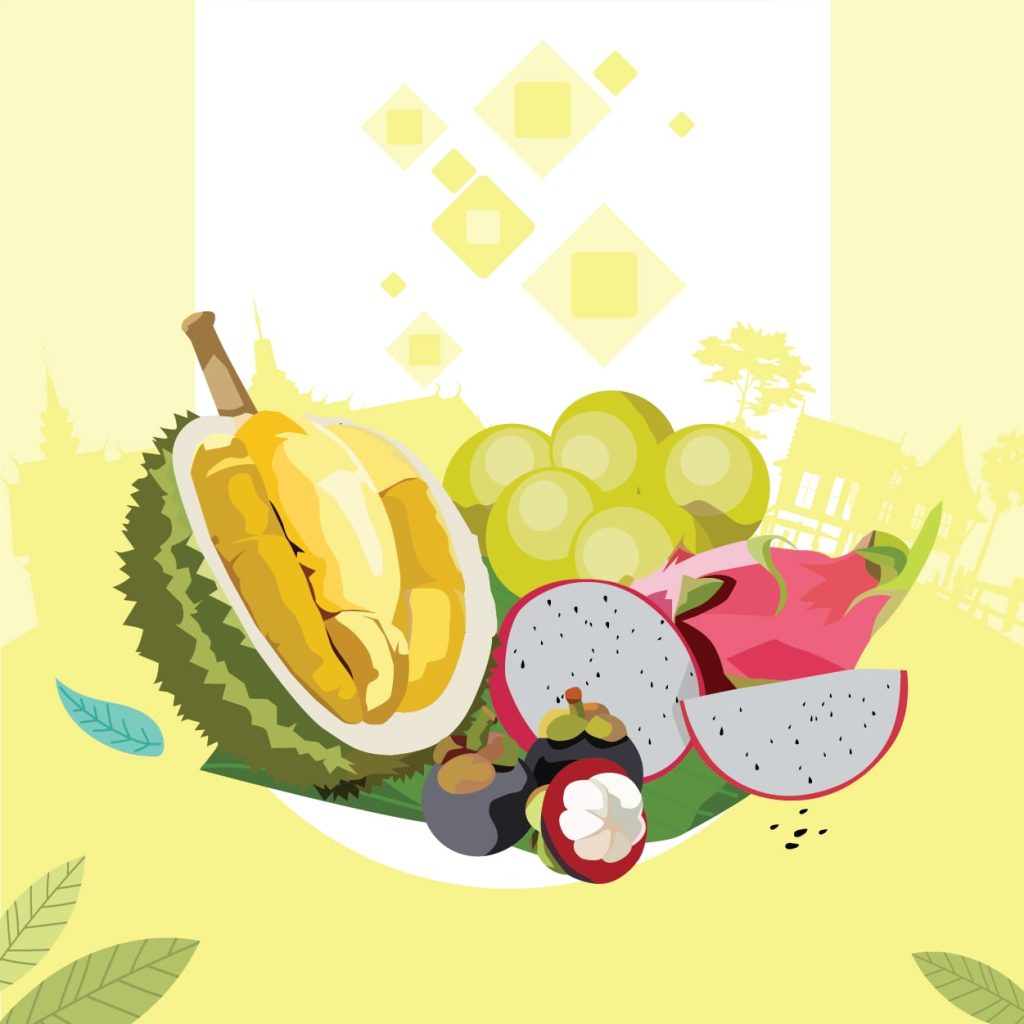 Tropical fruits in Thailand, such as durian and mangosteen graphics.