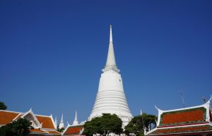 The central pagoda of UNESCO heritage in Wat Prayurawongsawat can be seen from afar in Bangkok