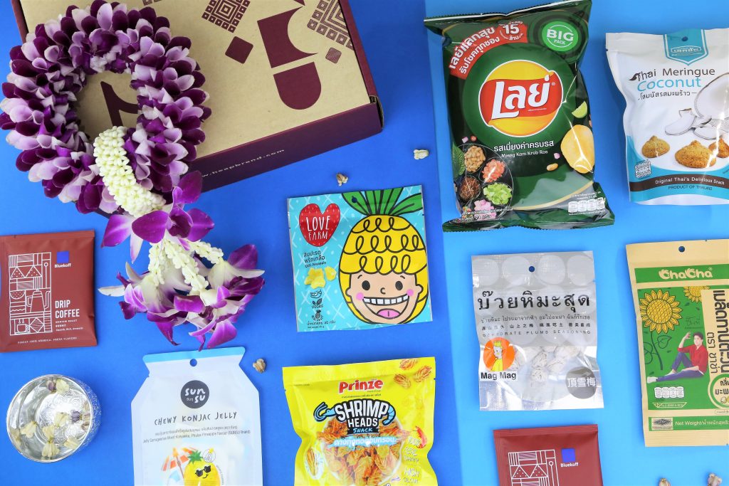 Songkran theme thai snack box of snacks with blue packagings