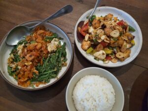Traditional Thai meal includes main dishes and rice
